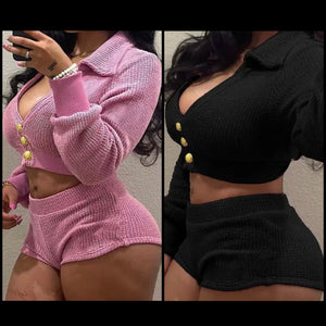 Women Sexy Fashion Full Sleeve Button Up Two Piece Short Set