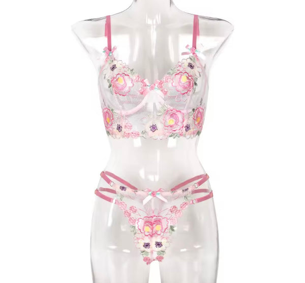 Women Sexy Pink Floral Mesh Lingerie Set