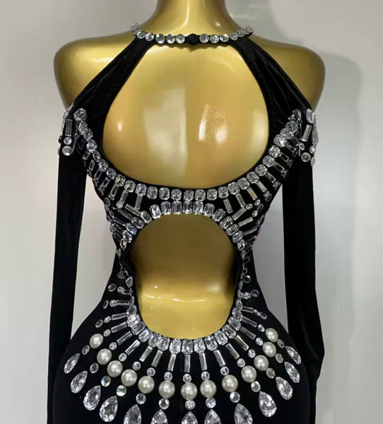 Women Sexy Black Bling Crystal Halter Full Sleeve Maxi Dress