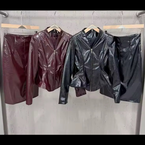 Women Fashion Faux Leather Jacket Two Piece Skirt Set