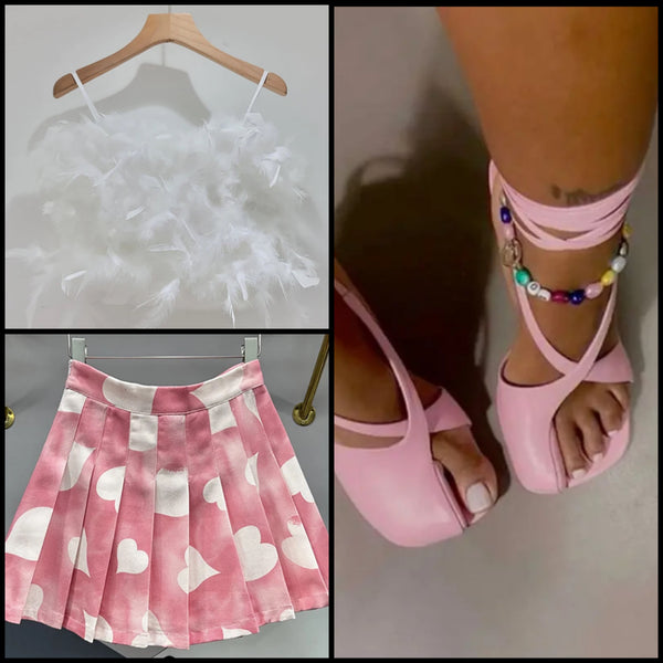 Women Sexy Fashion Pink Heart Print Denim Pleated Skirt