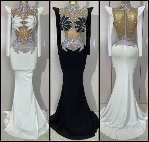 Women Sexy Rhinestone Pearl Mesh Patchwork Maxi Dress
