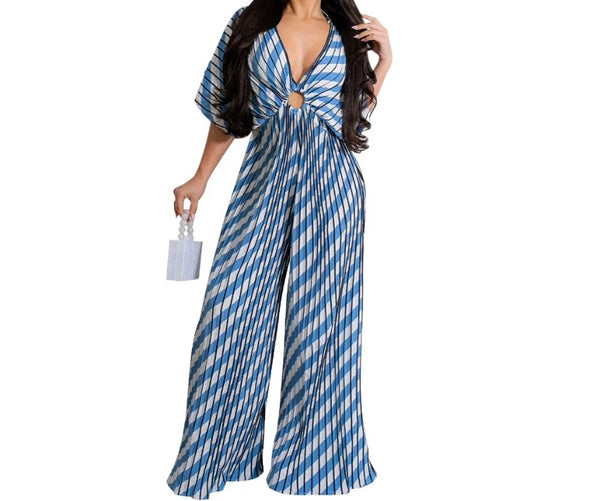 Women Sexy Striped V-Neck Short Sleeve Wide Leg Jumpsuit
