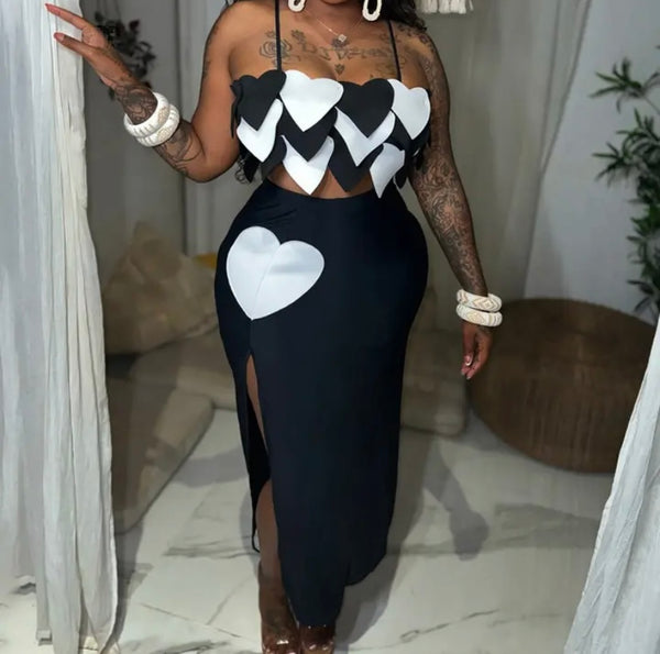 Women Sexy Sleeveless B&W Heart Two Piece Maxi Skirt Set