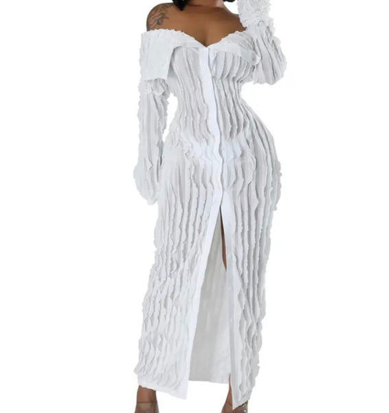 Women Sexy Off The Shoulder Mesh Button Up Full Sleeve Maxi Dress