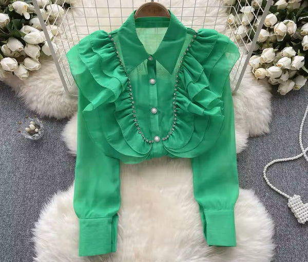 Women Bling Button Up Ruffled Mesh Fashion Top