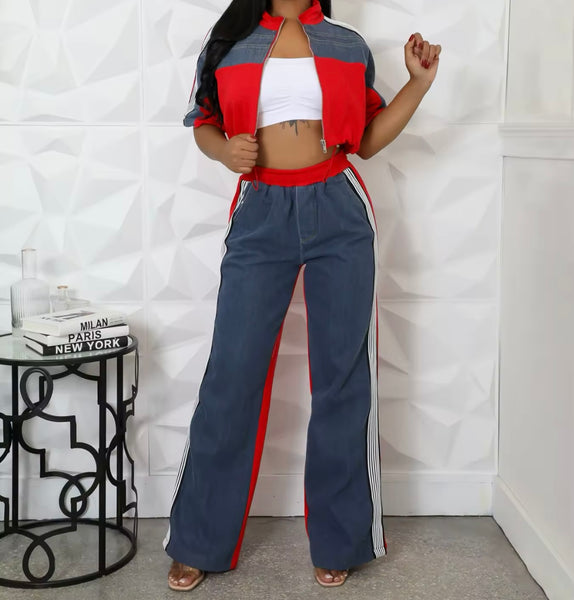 Women Fashion Color Patchwork Zip Up Short Sleeve Two Piece Pant Set