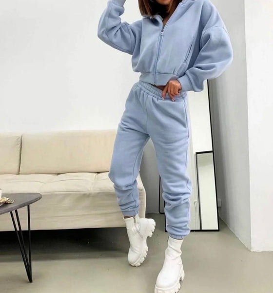 Women Fashion Color Hooded Zip Up Two Piece Tracksuit Pant Set