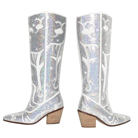 Women Fashion Silver Sequins Western Boots