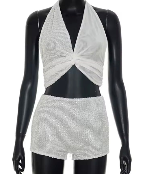 Women Sexy Sequins Halter Open Back Sleeveless Two Piece Short Set
