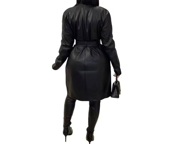 Women Fashion Black PU Leather Belted Trench Jacket