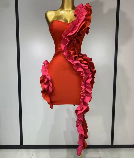 Women Sexy Red One Shoulder Ruffled Dress