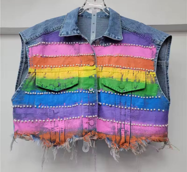 Women Sleeveless Graffiti Pearl Denim Two Piece Pant Set