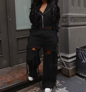 Women Hooded Zip Up Cut Out Tassel Tracksuit Two Piece Pant Set
