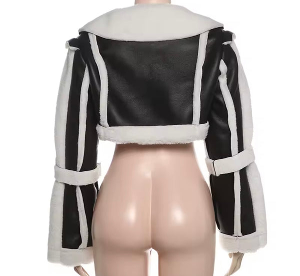 Women B&W Fashion Faux Leather Patchwork Two Piece Romper Set