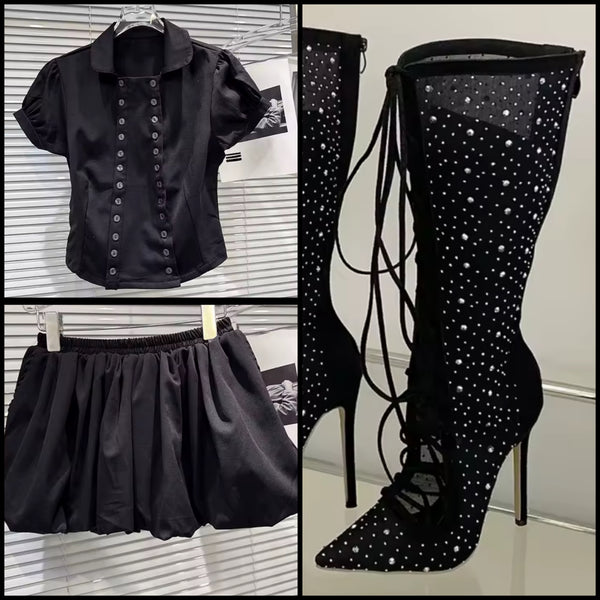 Women Collar Rivet Short Sleeve Black Two Piece Skirt Set