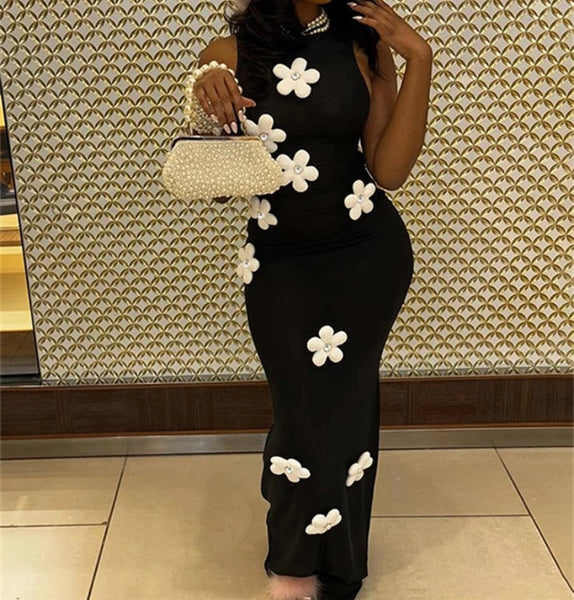 Women Sexy Sleeveless B&W Floral Maxi Dress