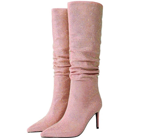 Women Pointed Toe High Heel Bling Ruched Fashion Knee High Boots