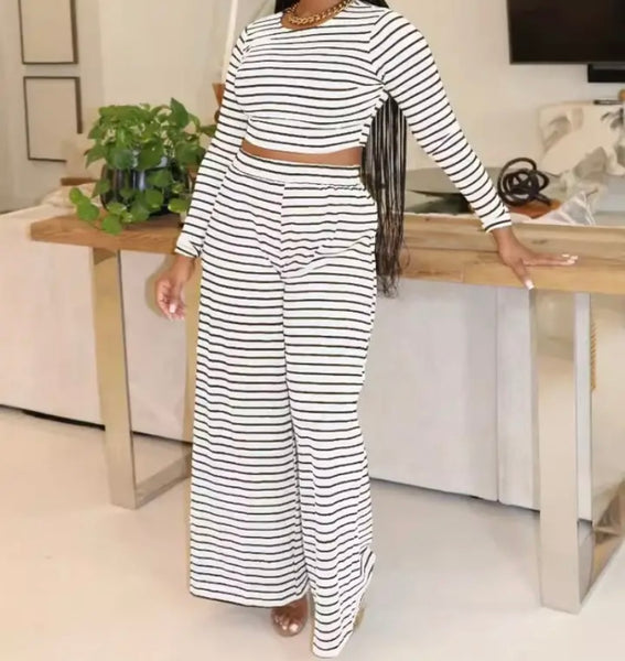 Women Fashion Full Sleeve Striped Two Piece Pant Set