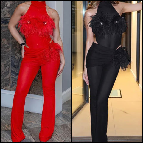 Women Sexy Sleeveless Feather Patchwork Mesh Two Piece Pant Set