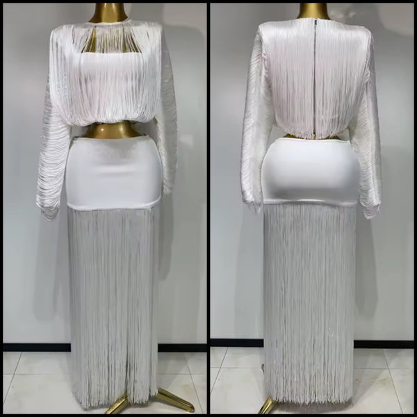 Women White Sexy Fringe Tassel Full Sleeve Two Piece Skirt Set
