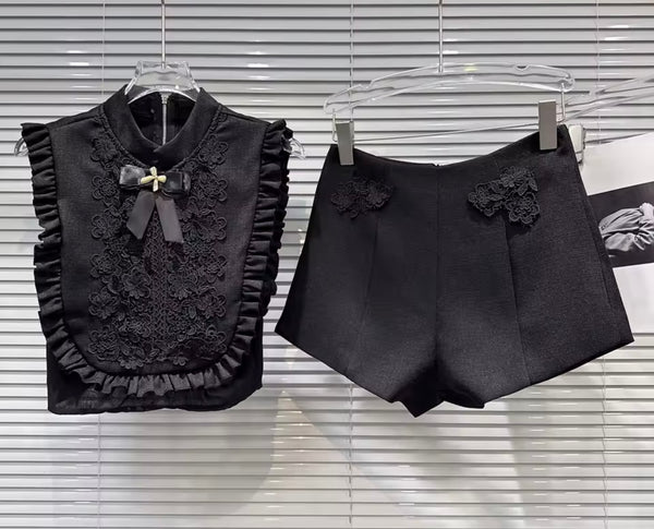Women Bow Ruffled Lace Sleeveless Two Piece Short Set
