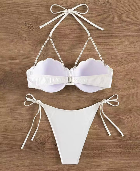 Women Sexy White Pearl Tie Up Bikini Swimsuit
