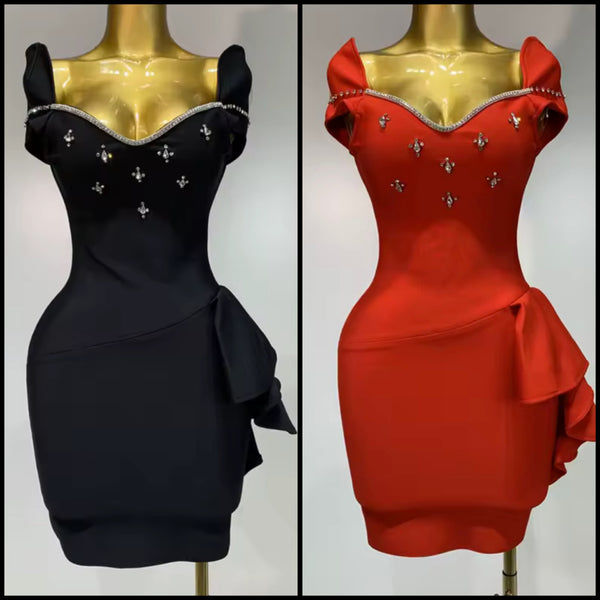 Women Elegant Sleeveless Rhinestone Ruffle Dress