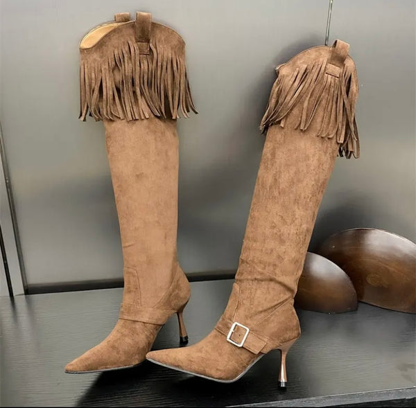 Women Fashion Suede Tassel Buckled Knee High Boots