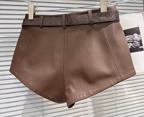 Women Brown Lace Full Sleeve Two Piece Faux Leather Short Set