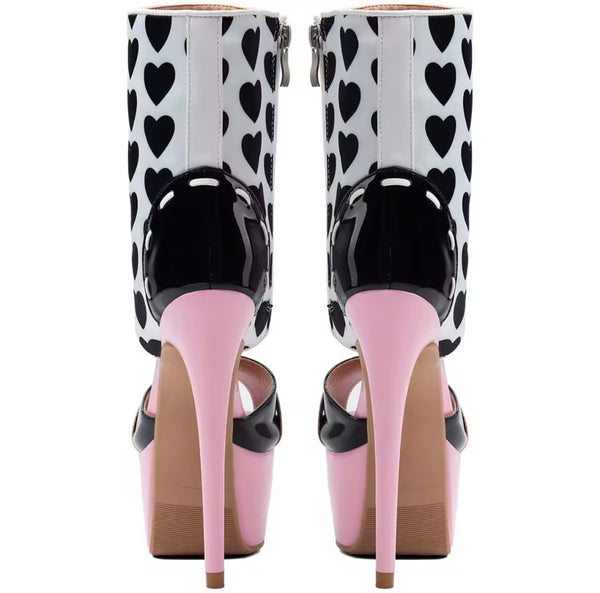 Women Color Patchwork Heart Open Toe Platform Ankle Boots