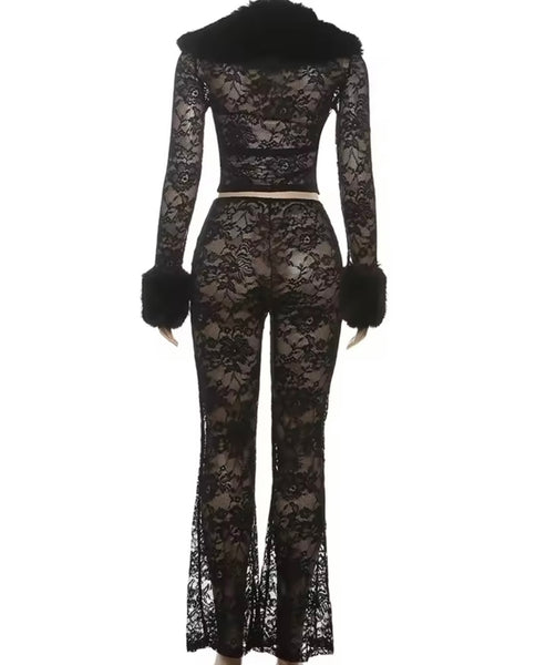 Women Sexy Black Faux Fur Full Sleeve Lace Two Piece Pant Set