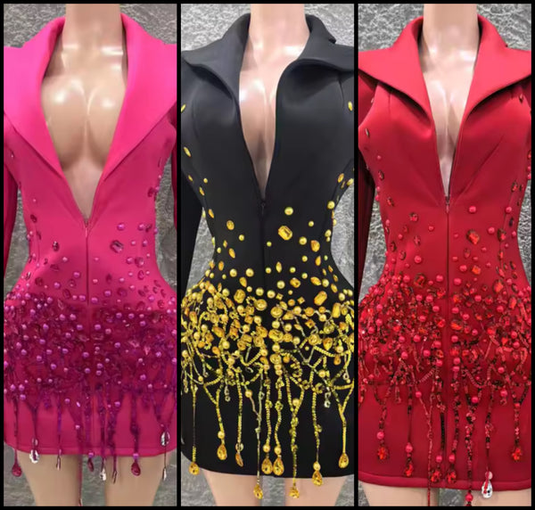 Women Sexy Full Sleeve Crystal Tassel Zip Up Blazer Dress