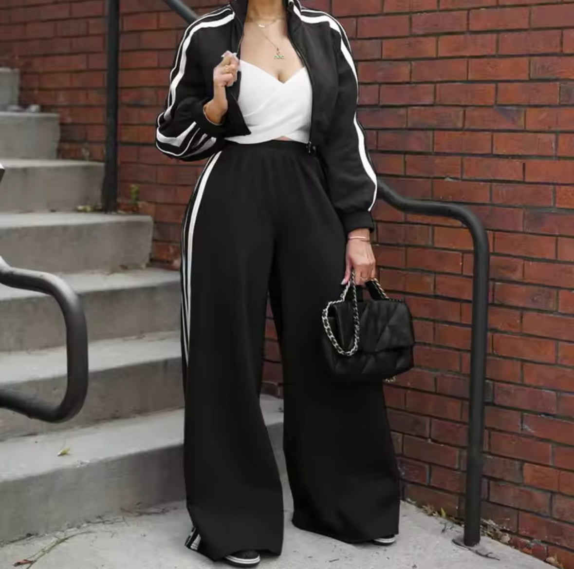 Women Fashion Striped Zip Up Tracksuit Two Piece Pant Set