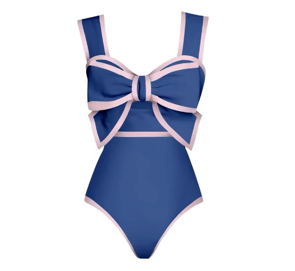 Women Fashion Bow Color Patchwork Polka Dot Swimsuit Cover Up Set