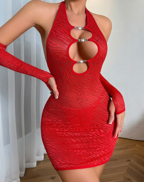 Women Sexy Red Halter Chain Cut Out Glove Mesh Lingerie Set