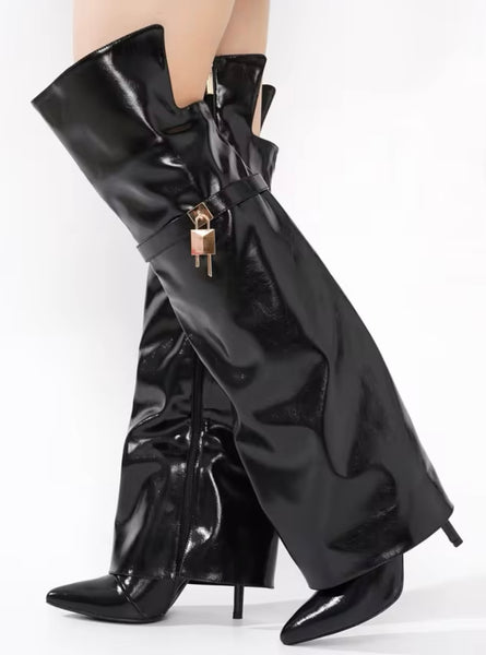 Women Fashion PU Leather Over The Knee Buckled Lock Boots