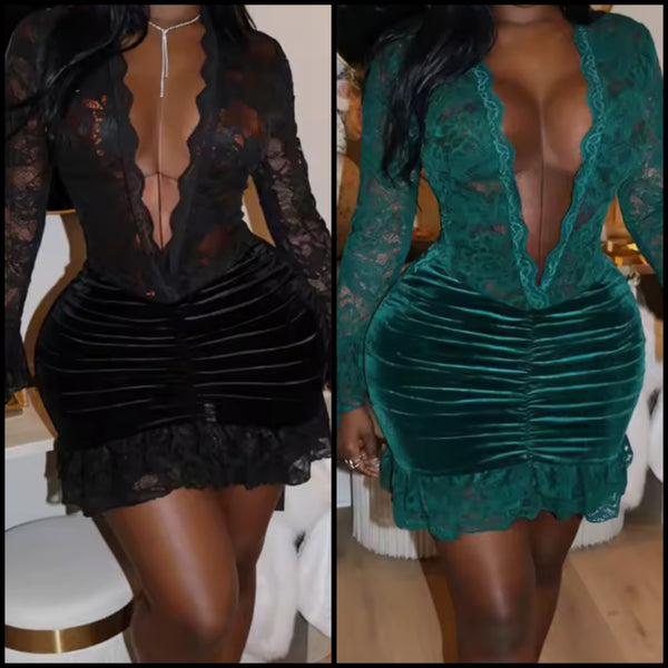 Women Sexy V-Neck Lace Full Sleeve Ruched Velour Dress