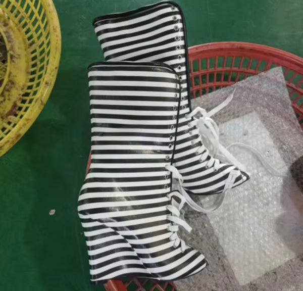 Women Fashion Open Toe B&W Striped Wedge Lace Up Ankle Boots