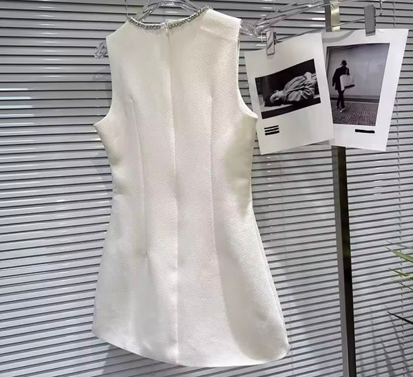 Women Sleeveless Rhinestone Patchwork Pocket Dress