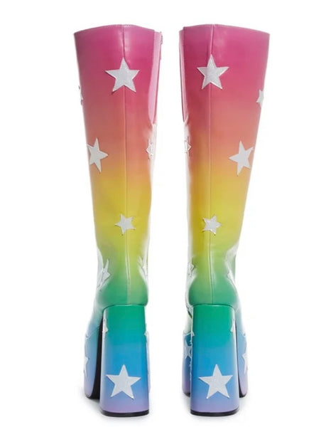 Women Fashion Colorful Gradient Star Print Platform Knee High Boots