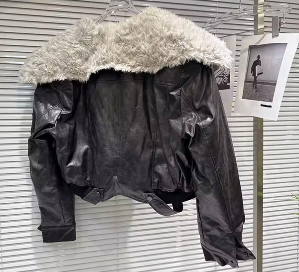 Women Fashion Color Faux Fur Leather Jacket