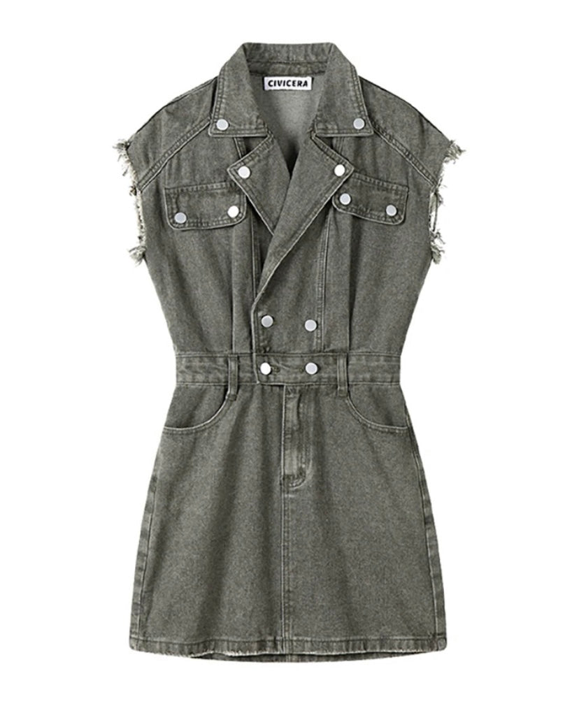Women Sexy Fashion Button Sleeveless Denim Dress