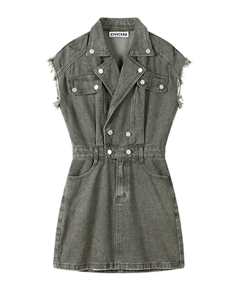 Women Sexy Fashion Button Sleeveless Denim Dress