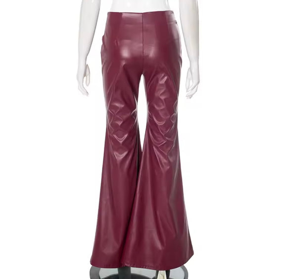 Women Color PU Fashion Bell Bottom Pants