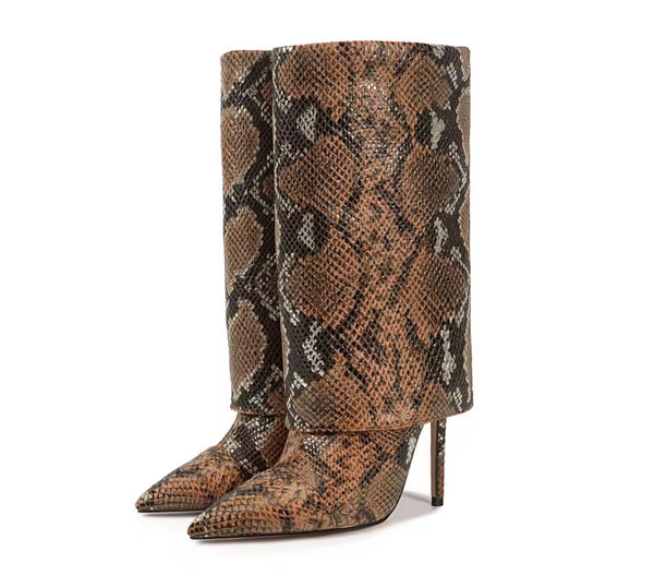 Women Fashion Animal Print Pointed Toe High Heel Boots