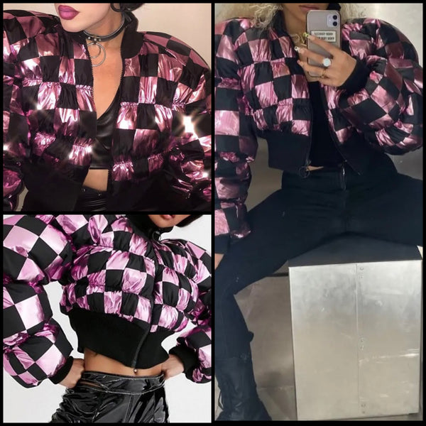 Women Fashion Color Patchwork Checkered Puff Crop Jacket