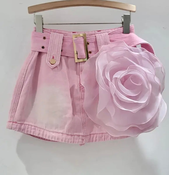 Women Fashion Pink Floral Denim Skirt