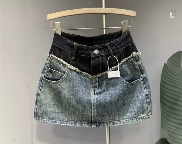 Women Color Patchwork Fashion Denim Skirt
