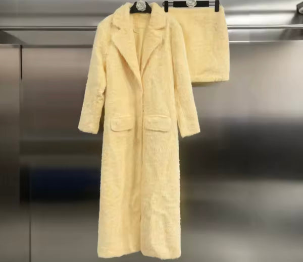 Women Yellow Fashion Furry Long Jacket Two Piece Skirt Set